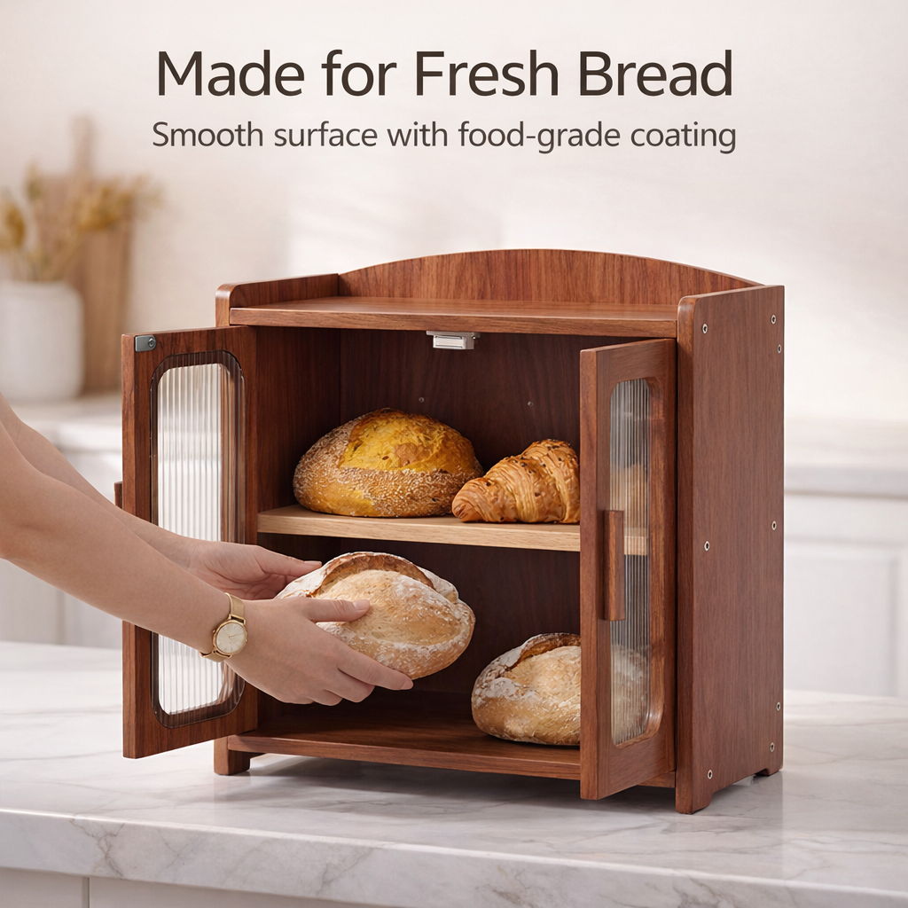 Florwish Bread Box for Kitchen Countertop, Large Capacity Wooden Bread Box, Farmhouse Bread Storage, 2 Tier Corner Bread Box for Homemade Bread, Sourdough Bread and Bagels